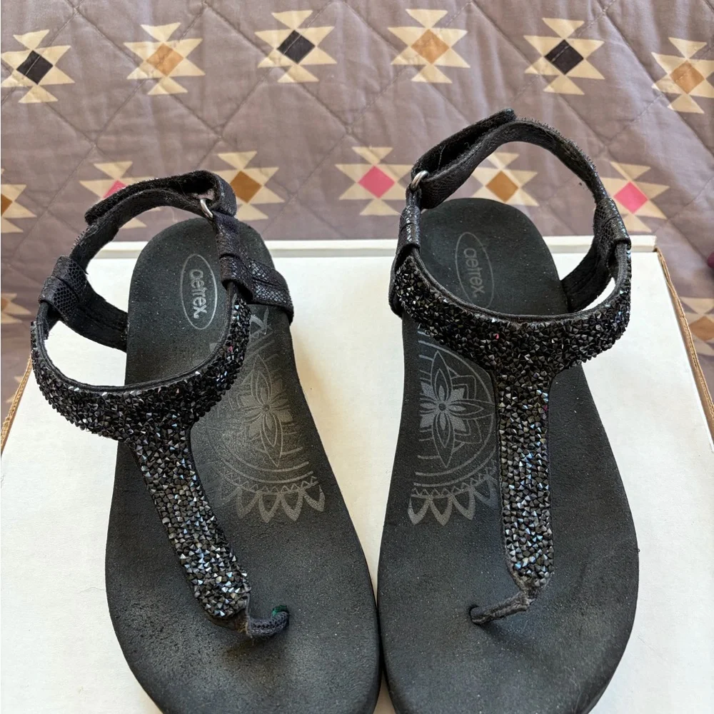 Aetrex Black Jeweled T-Strap Sandals